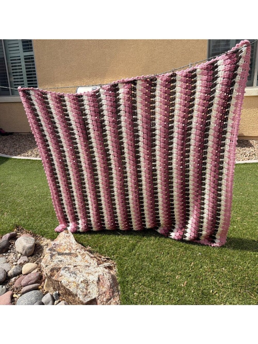 Vintage Handmade Crochet Blanket Pink Brown Striped Afghan Throw Scalloped 58x50